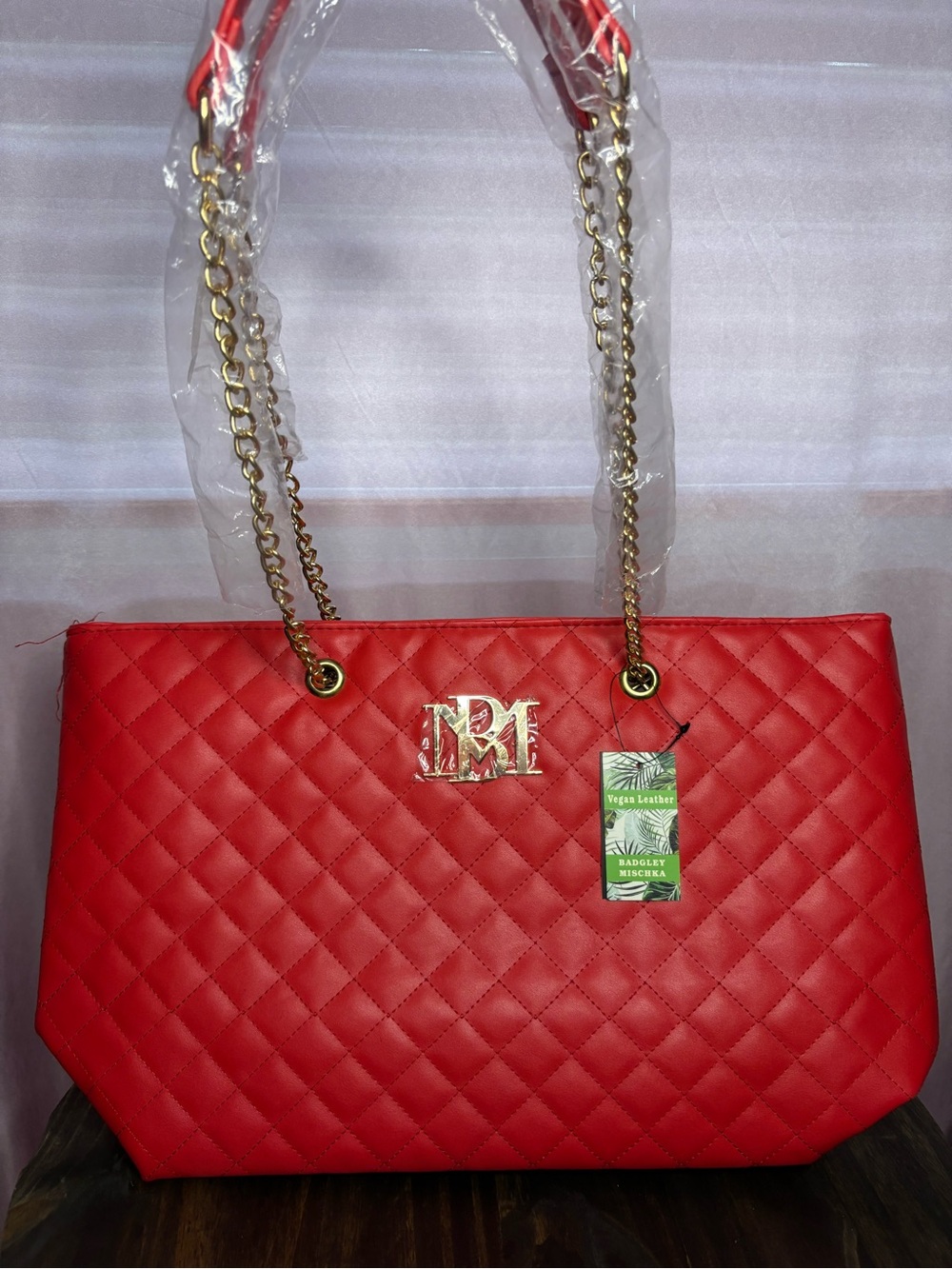 Badgley Mischka Red Quilted Tote with Gold Chain Accents